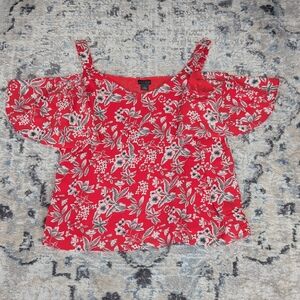 Paraphrase Floral Cold Shoulder Top Red White Flutter Sleeve Blouse Size M